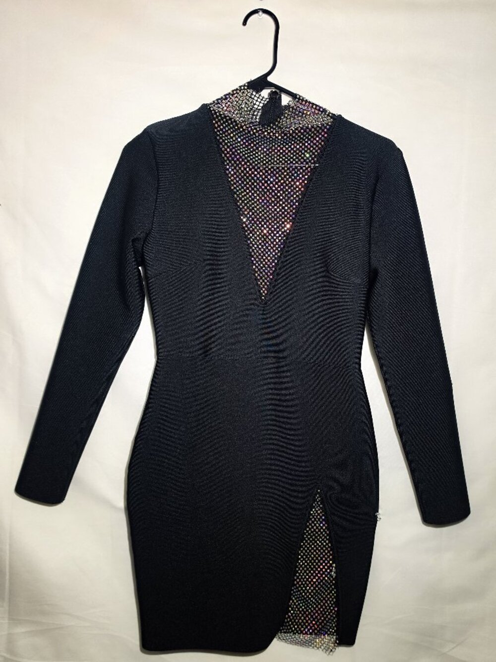 Black Sheer Glimmer mini bodycon Dress LARGE cocktail crystal net FIT